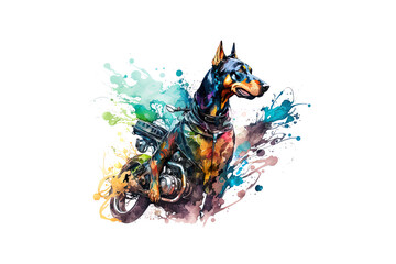 doberman with a motorcycle painted with watercolors isolated on a white background. AI generation