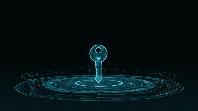 Motion graphic of Blue security key logo with particle ring circle rotation with ai technology icon on futuristic abstract background network firewall technology and data secure concepts