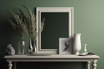 Olive twig in vintage silver vase, jug. Elegant living room interior with sage green walls. Stylish concept of vertical mock up poster frame generative AI technology