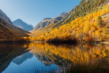 Fototapeta premium Mountain lake with reflection on water and autumnal trees.