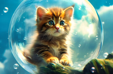 a kitten in a bubble floating around a bubble