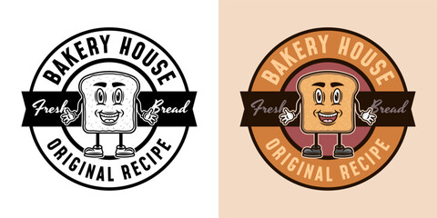 Bread slice smiling cartoon character with hands and legs vector emblem, badge, label or logo for bakery house. Two styles monochrome and colored