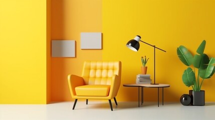 A mock-up room in modern style with an armchair, cabinet, against a backdrop of yellow and green walls Ganerative AI.