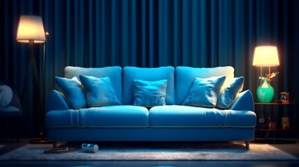 A modern blue sofa,a lamp and inviting pillows Ganerative AI.