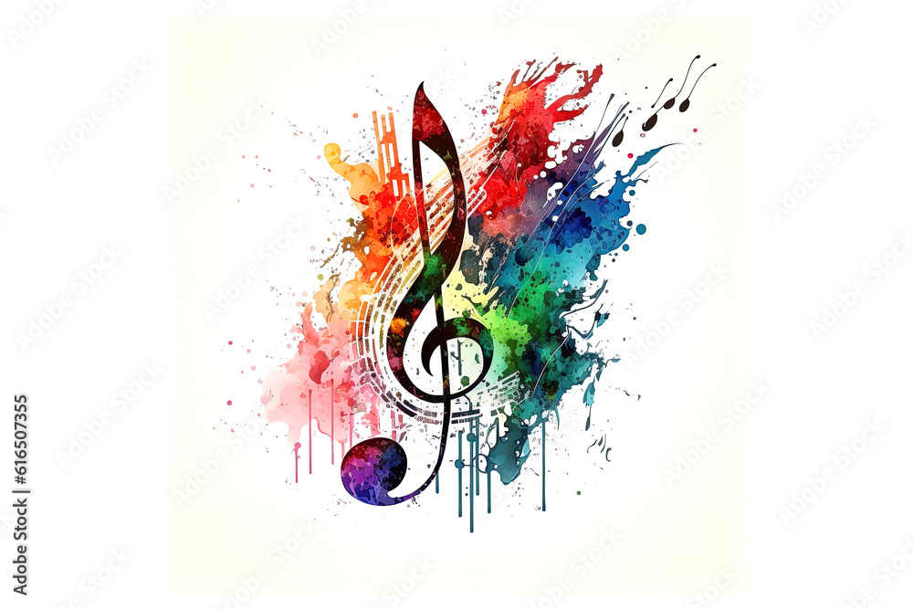 Poster treble clef drawn with colored watercolors isolated on a white background. generated by ai.