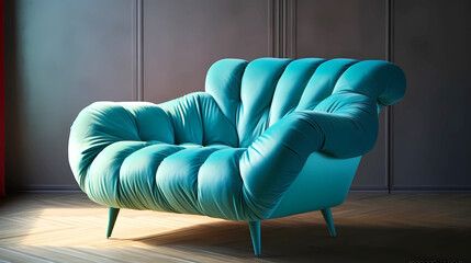 Teal blue lounge chair against a paneled wall.  Contemporary style 3d isolated living room chair.  