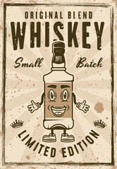 Whiskey bottle vintage poster cartoon smiling character vector illustration. Layered, separate grunge texture and text