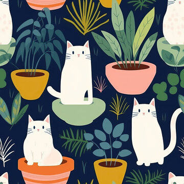 Cartoon cats and plants seamless repeat pattern 