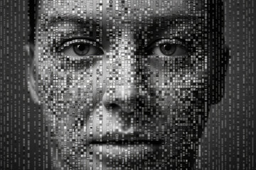 Female face against binary code. Human looking at camera from matrix digital signs and numbers. Artificial intelligence in network. Created with Generative AI