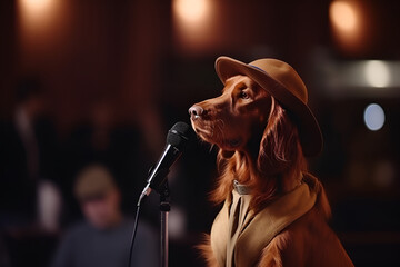 irish setter singing on the stage of the concert hall.