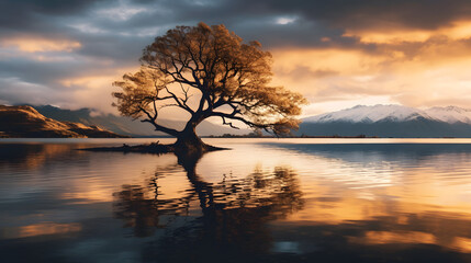 Fototapeta na wymiar Beautifully alone Wanaka tree in Wanaka Lake, New Zealand during sunset.