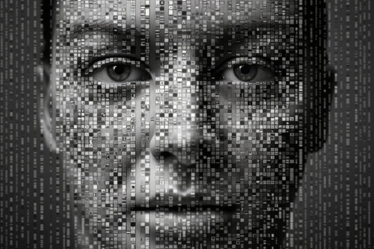 Female face against binary code. Human looking at camera from matrix digital signs and numbers. Artificial intelligence in network. Created with Generative AI