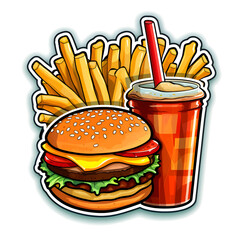 Sticker or logo hamburger, coke and fries.