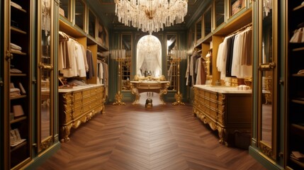 A panoramic view of a luxurious walk-in closet interior, Ganerative AI.