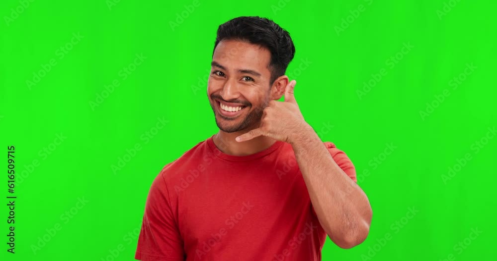 Poster call, happy and man in a studio with green screen for communication, contact or phone gesture. happi