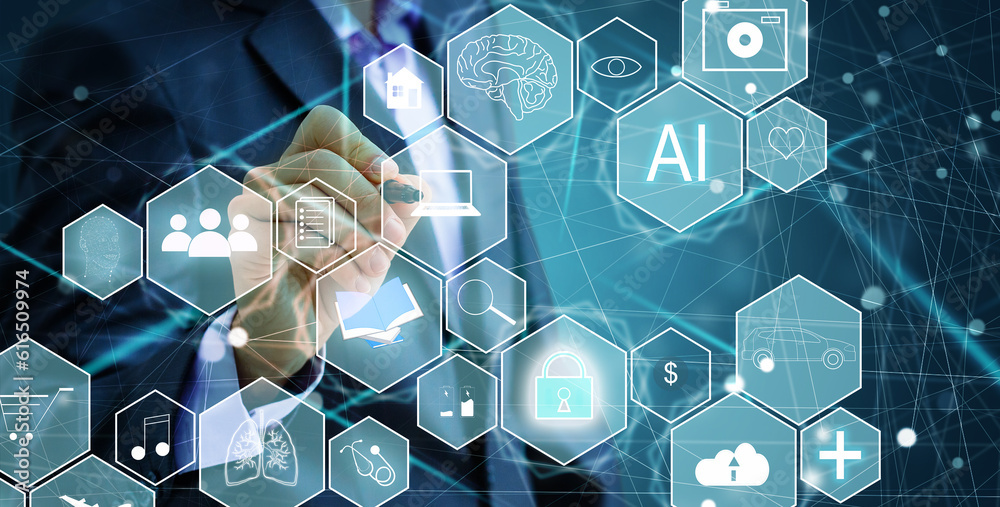 Poster ai tech, businessman show virtual graphic global internet connect chatgpt chat with ai, artificial i
