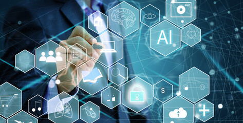 Ai tech, businessman show virtual graphic Global Internet connect Chatgpt Chat with AI, Artificial...