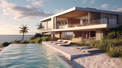 A sea view of a luxury modern beach house, complete with a swimming pool and sunbeds,Generative AI.