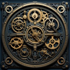 vintage clock on a wooden background - steampunk AI styled - blue print inner workings of a clock - Generative AI