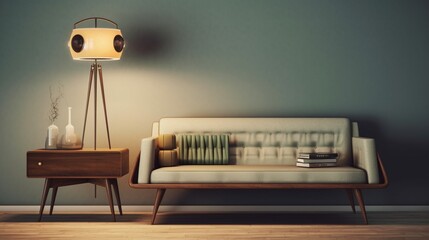 A sofa table and lamp complete the midcentury interior, Generative AI.
