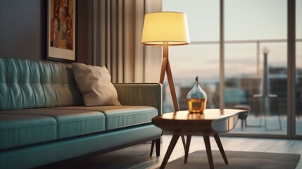 A sofa table and lamp complete the midcentury interior, Generative AI.