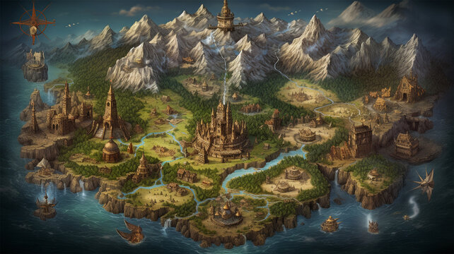 fantasy map game board illustration adventure element, generative ai