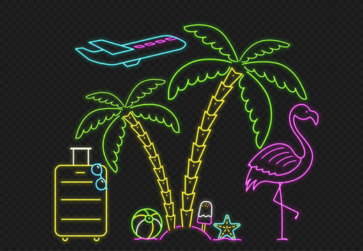 Summer neon travel and tourism set. Palm trees, flamingos,  suitcase with sunglasses, an airplane, a beach ball with a star on the beach and ice cream.