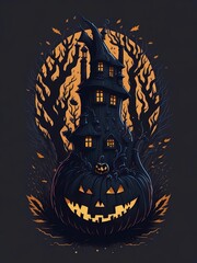 tenebrous halloween mansion, pumpkins outside a scary house, creepy house, halloween illustration, night of halloween, by generative ai