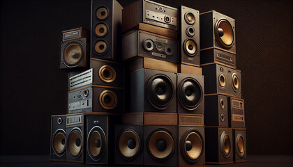 A large stack of vintage music audio speakers Ai generated image