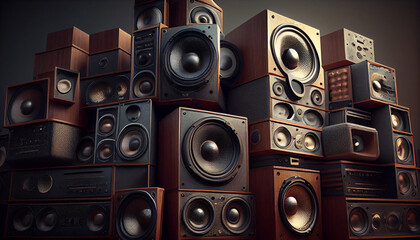 A large stack of vintage music audio speakers Ai generated image
