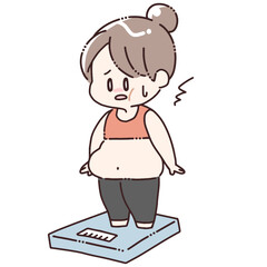 体重計に乗って驚く太った女性