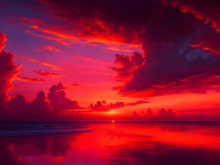 Crimson Horizon: Embracing the Fiery Red Sunset Over the Sea