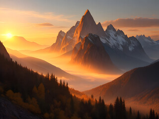 Mystical Horizon: A Captivating Sunset Amidst Foggy Mountains