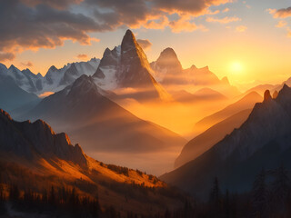 Mystical Horizon: A Captivating Sunset Amidst Foggy Mountains