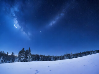 Fototapeta na wymiar Midnight's Embrace: Winter's Enchanting Nature Beneath the Dark Blue Nightsky