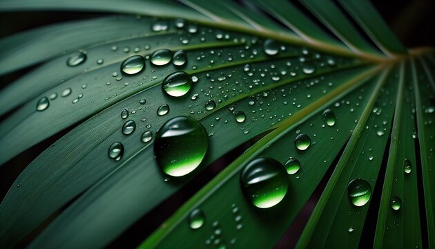 Morning dew on a green tropical leaf close-up illustration freshness of drops of water on leaves after the rain floral background of nature picture