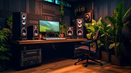 Fototapeta na wymiar Audio workplace, recording studio, and computer music studio setup, Generative AI.
