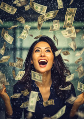 Winning a lottery concept. Smiling Asian woman, happy expression, mouth open of excitement - money banknotes flying in air around. Generative AI - obrazy, fototapety, plakaty