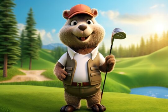 Cute Cartoon Gofer Dressed as a Golfer on a Golf Course