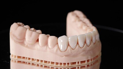 Veneers for teeth on jaw model. Rotating on black background. Artificial teeth. Ceramic dentures and crowns. Zirconium crown. Dental and teethcare care. installing veneers. Dental veneer placement