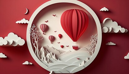 Paper cut style, valentine's day with heart balloon and love on red background