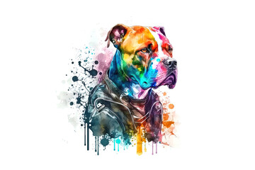 pit bull motorcyclist drawn with colored watercolors isolated on a white background. Generated by AI.
