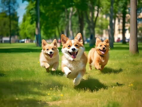 Three dogs playing in the park