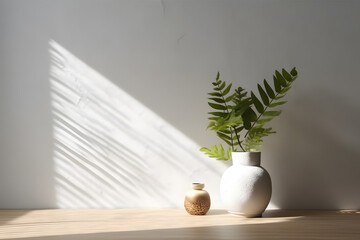 Modern white vase with green plant and wooden plate on stone counter table in sunlight, beige stucco cement wall, interior design decoration. Generative AI
