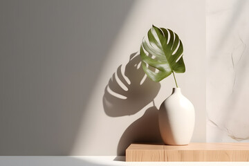Modern white vase with green plant and wooden plate on stone counter table in sunlight, beige stucco cement wall, interior design decoration. Generative AI