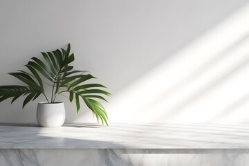 Modern minimal empty white marble stone counter table top, in sunlight, palm foliage leaf shadow on concrete wall background. 3d rendering. Generative AI