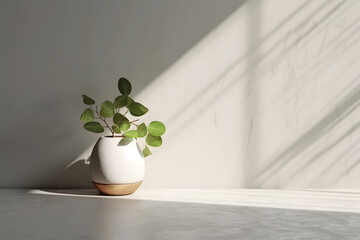Modern white vase with green plant and a wooden plate on stone counter table with space in...