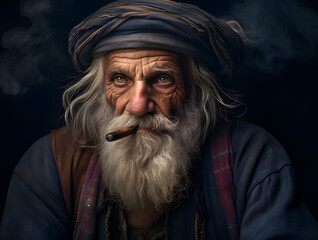 portrait of an beautiful old man with smoking an electronic cigarette