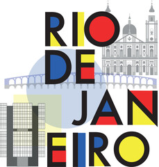 Typography word "Rio De Janeiro" branding technology concept. Collection of flat vector web icons, culture travel set, famous architectures, specialties detailed silhouette. Brazilian famous landmark.