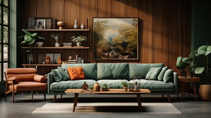 Home interior mockup with sofa, table and decor in modern living room, 3D Render. Created with generative AI.